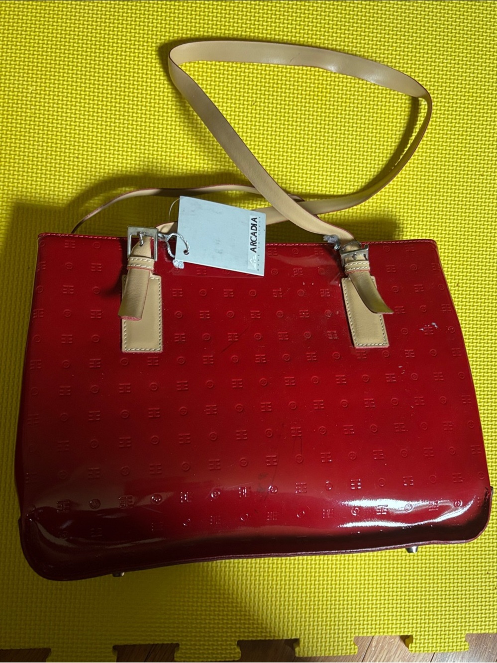 Vintage Arcadia Red Patent Tote with Beige Straps